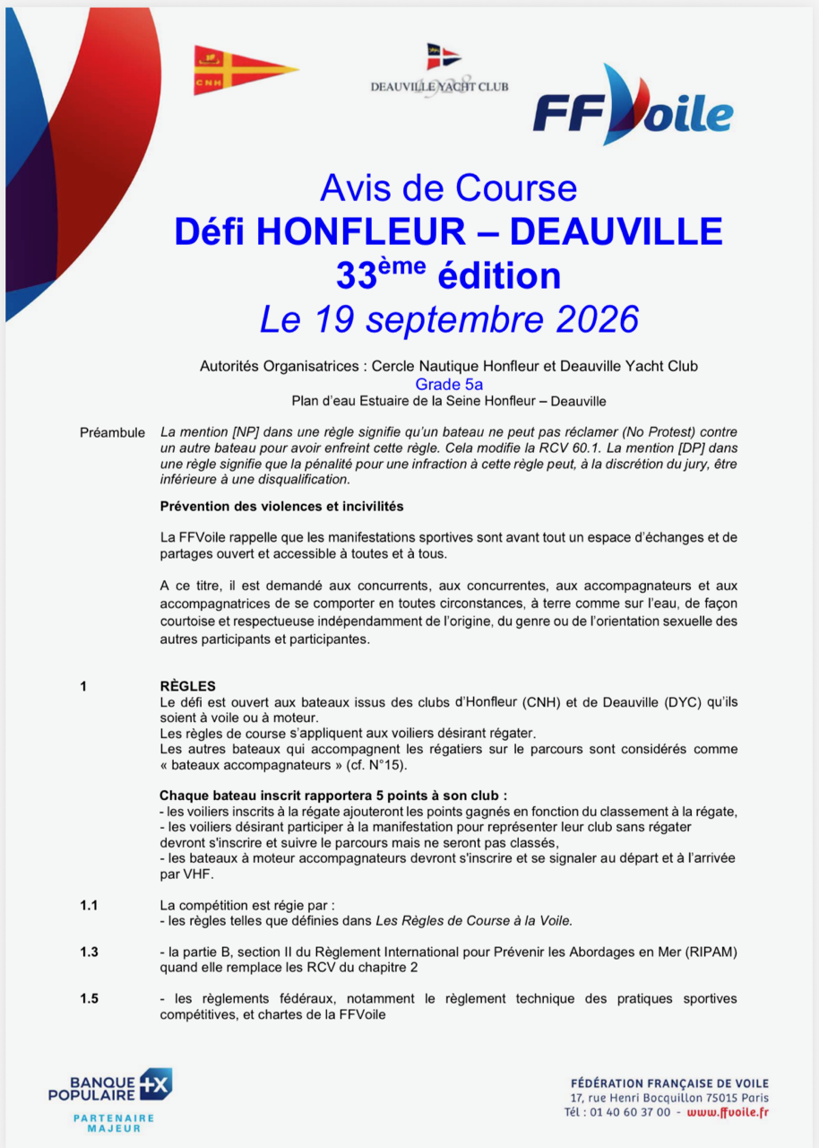 Défi Honfleur Deauville 2026 - Avis de course