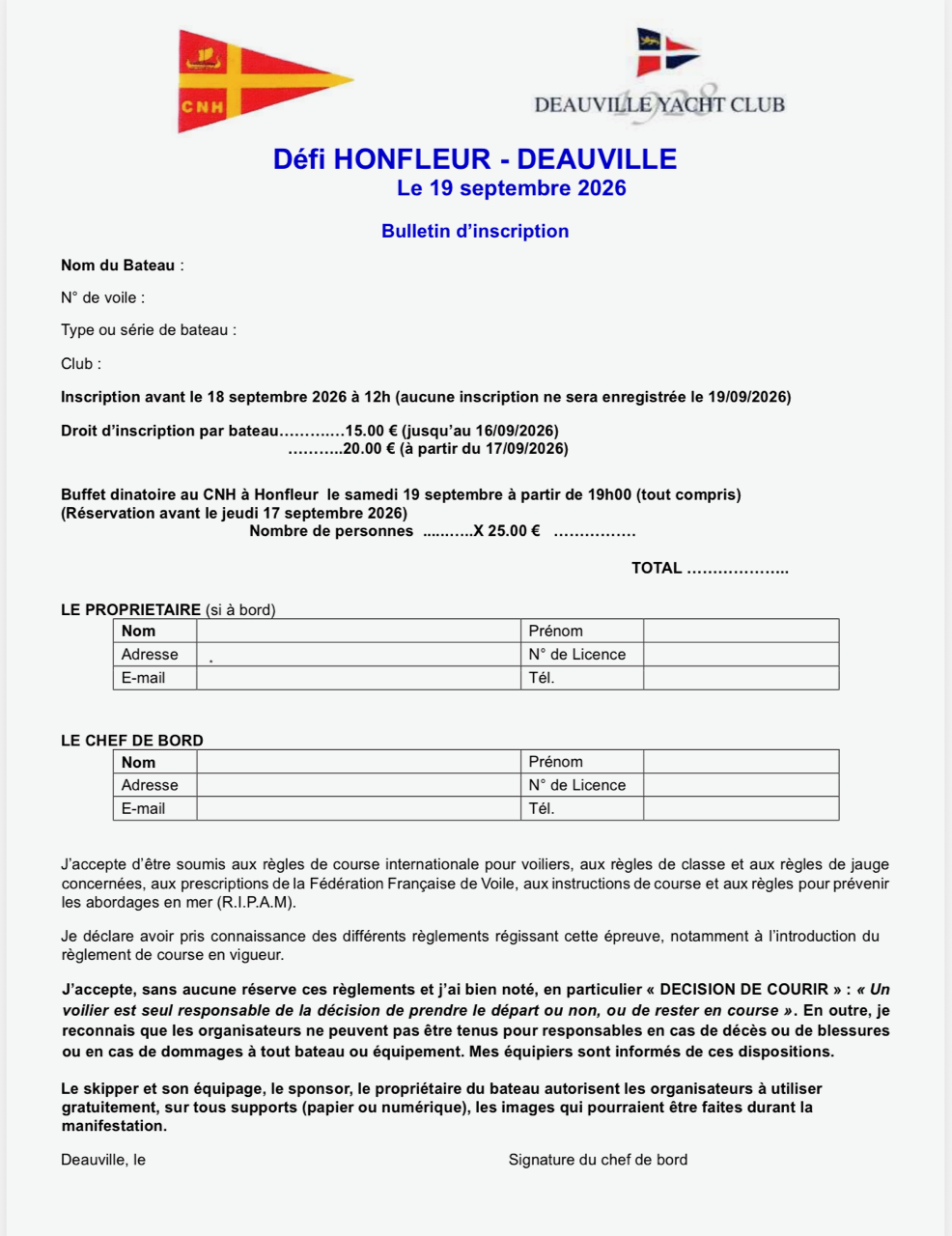 Défi Honfleur Deauville 2026 - Fiche d'inscription